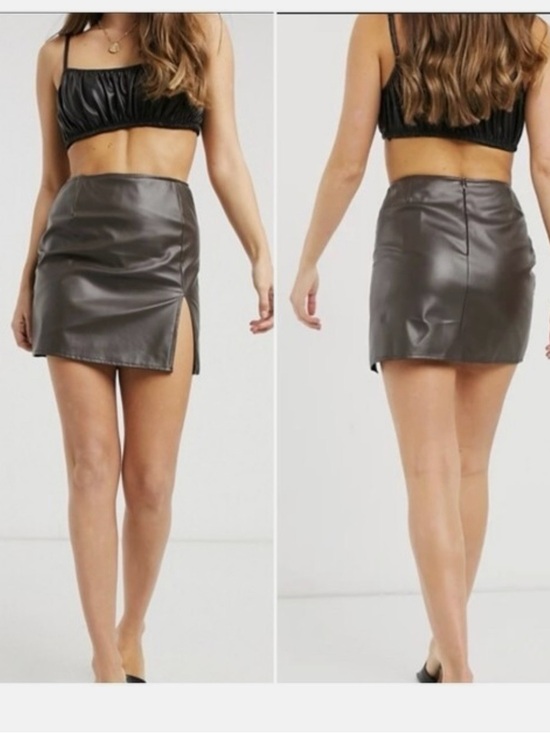 Motel Rocks Dresses & Skirts - Motel Brown Faux Leather Mini Skirt Side Slit Size Large Y2K